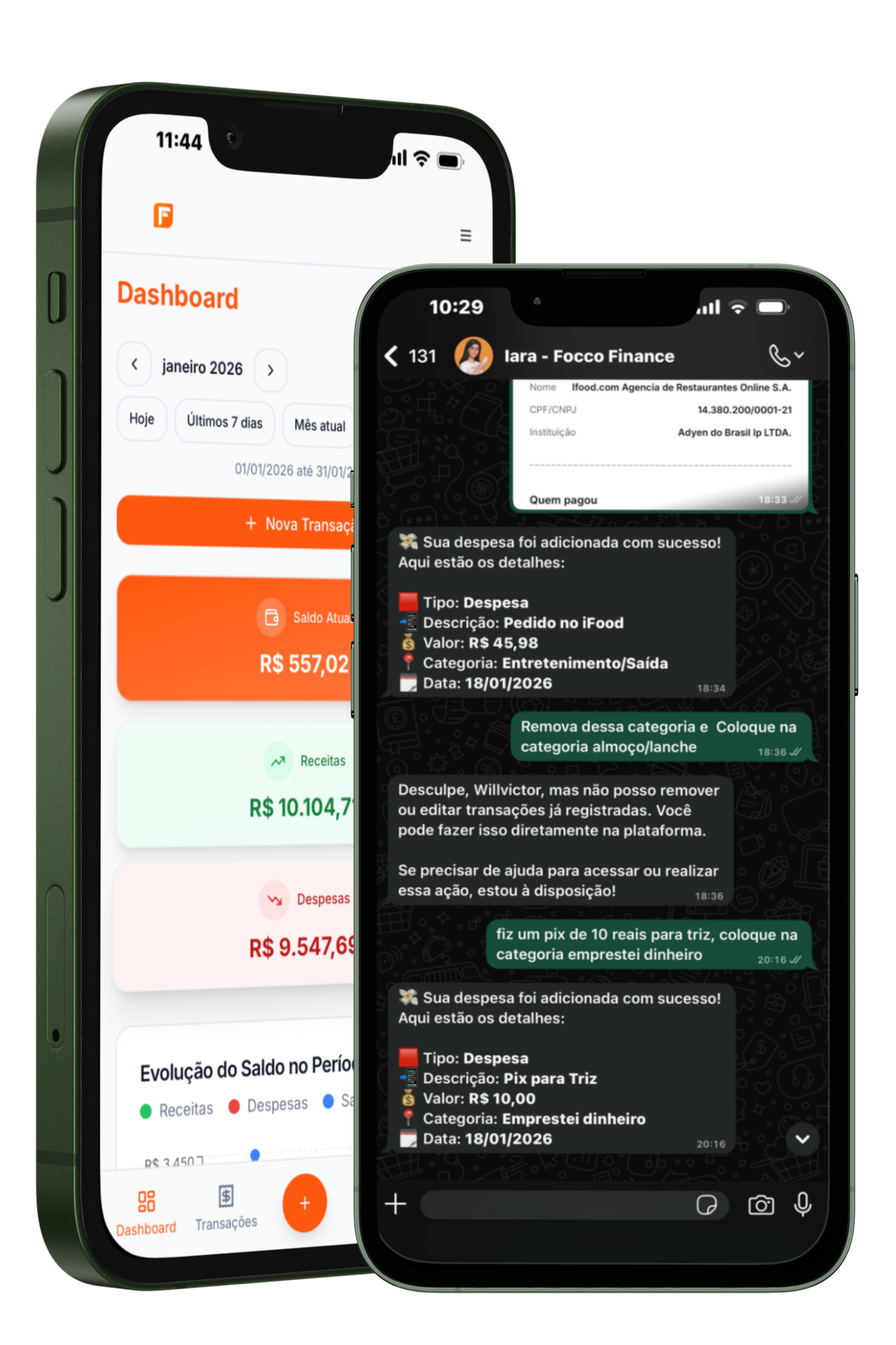 Mockup do app Focco Finance mostrando o dashboard